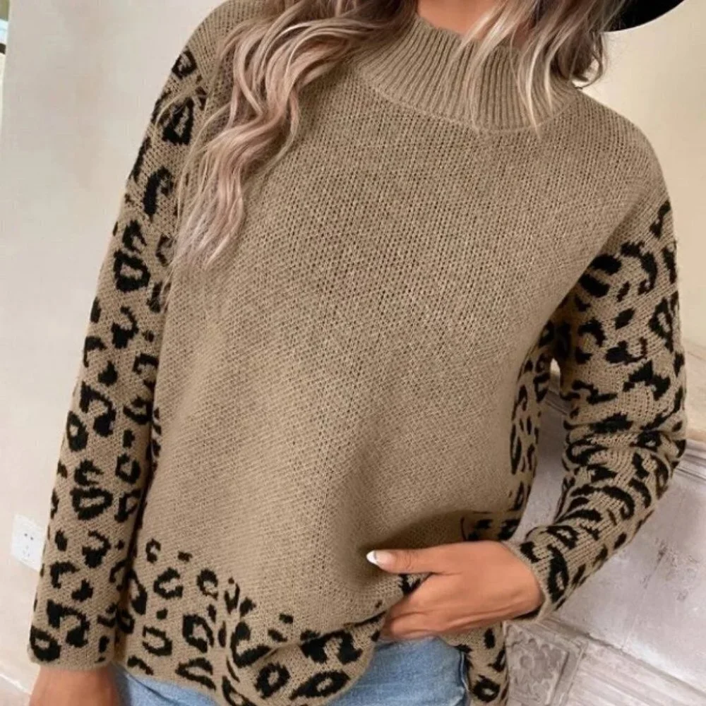 Leopard Mock Neck  knit Sweater top fall winter tan black